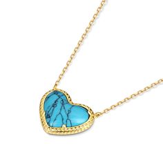 Lending a cool vibe to your look, this necklace makes a fitting choice for everyday wear. We love the textured heart shaped blue stone which gives it a touch of premium appeal while maintaining its elegance. It is suspended from a yellow gold tone sterling silver chain. Whether chosen as a gift or just for you, the details of this necklace were designed to be adored. Pair the heart-cut turquoise necklace with your favorite delicate pieces for a lovable layered look.Carat Weight: 2.1 ctStone Size Turquoise Heart-shaped Necklaces For Gifts, Turquoise Heart Necklaces For Gift, Turquoise Heart-shaped Necklace For Gift, Blue Heart-shaped Clavicle Chain Necklace, Blue Heart Shaped Clavicle Chain Necklace, Blue Heart Clavicle Chain Necklace, Elegant Turquoise Necklace With Heart Charm, Elegant Turquoise Heart Necklace For Gift, Turquoise Pendant Necklace With Heart Charm