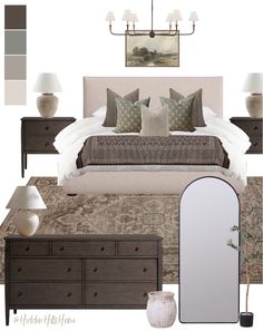 the bedroom is decorated in neutrals and browns