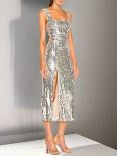 Sequin Midi Dress Evening Sequined Sheath Midi Dress, Sequined Sheath Midi Dress For Evening, Evening Sheath Midi Dress With Sequins, Sequin Dress With Straight Neckline For Evening In Summer, Glamorous Sheath Midi Dress With Sequins, Glamorous Sheath Midi Dress For Cocktail, Glamorous Sheath Midi Dress For Cocktail Events, Sequin Sheath Midi Dress For Party Season, Sequin Sheath Dress For Party Season