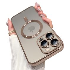 a woman holding up an iphone case with multiple camera lens options on it's side