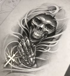 a drawing of a skull with a cross on it's chest and some beads in his hand