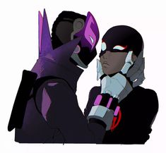 two superheros standing next to each other in front of a white background with purple and black colors