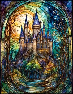 a stained glass window with a castle in the background