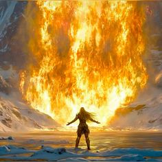 a woman standing in front of a huge fireball with her arms spread wide open