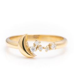 14k Solid Gold Moon Star Ring, Real Gold Celestial Cluster Ring, Unique Design Crescent Ring For Her, Handmade Premium Fine Jewelry By Selanica. 💙 The ring material is 14k solid gold, should not be confused with gold plating or filling. It will never tarnish or fade over time. We're offering the finest quality in solid gold jewelry. 💎 Gemstones are premium grade D Color (colorless) VS/SI clarity moissanites.  💙 Our jewelry is handcrafted with love and great care at San Francisco Bay! All of o 14k Yellow Gold Moon Phase Rings, 14k Yellow Gold Rings With Moon Phase, 14k Yellow Gold Rings With Moon Phase Detail, Yellow Gold Moon Phase Ring Jewelry, Yellow Gold Moon Phase Ring, Celestial Half Moon Jewelry For Anniversary, Celestial 14k Gold Crescent Ring, Celestial Crescent 14k Gold Ring, Crescent Diamond Ring In Yellow Gold