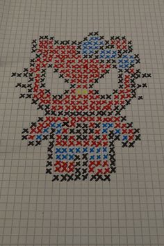 a cross - stitch hello kitty design is shown in red, white and blue colors