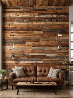 a brown leather couch sitting in front of a wooden wall with hanging lights on it