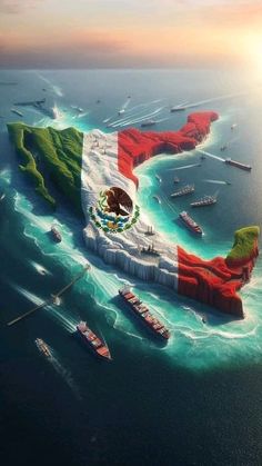 an island in the middle of the ocean with a mexican flag on it's side