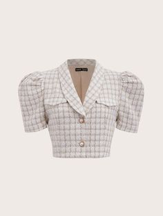 Old Money Elegant Outfit, Cute Shein Clothes, Elegant Button-up Cropped Jacket, Luxury Fall Cropped Button-up Jacket, Preppy Collared Plaid Tops, Old Money Elegant, Elegant Button-up Puff Sleeve Top, Cropped Tweed Outerwear With Buttons, Outfits From Shein