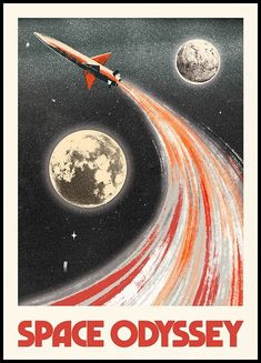 an old space travel poster with a rocket taking off from the moon and stars in the sky