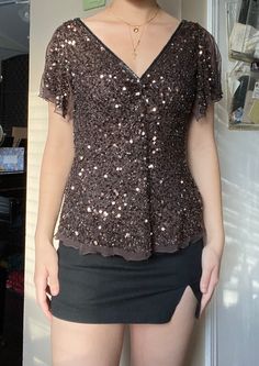 "Vintage 1990s Adrianna Papell Beaded Brown V-neck Top, tagged a size S. Fits true to size, it could fit a M depending on desired fit. Shown on an XS, 5'3\". Measurements: Pit to Pit: 18.5\" Waist: 16.5\" Length: 22\"" Glamorous Embellished V-neck Tops, Formal V-neck Top With Sequins, Formal V-neck Sequin Tops, Elegant Beaded V-neck Tops, Beaded V-neck Tops For Evening, V Neck Top, Adrianna Papell, V Neck Tops, Womens Clothing Tops