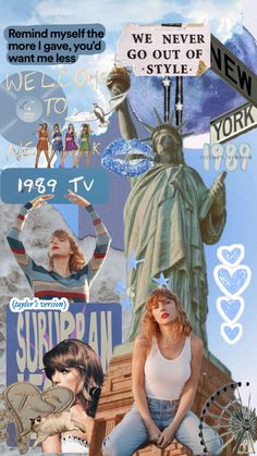 the collage has many different pictures and words on it, including a statue of liberty