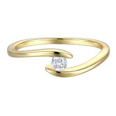 a yellow gold ring with a single diamond in the middle and an open band around it