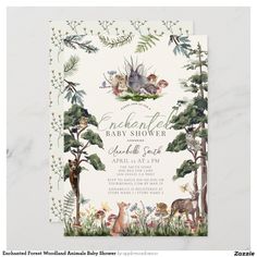 the woodland baby shower is shown with animals and plants on it's back side