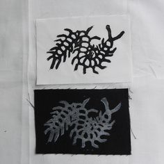 two black and white designs are on a piece of paper that has been stitched together