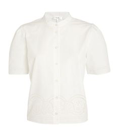 Find FRAME Cotton Broderie Anglaise Shirt on Editorialist. For trustworthy workwear staples, look no further than FRAME. Here, the American designer showcases its penchant for Broderie Anglaise detailing, adorning this feminine cotton blouse with a nautical shell design for a refreshing finish. Classic Fitted Blouse With Broderie Anglaise, Luxury Broderie Anglaise Blouse, Workwear Staples, Summer Broderie Anglaise Button-up Shirt, Spring Button-up Blouse With Broderie Anglaise, Elegant Button-up Tops With Broderie Anglaise, Shell Design, Cotton Blouse, French Countryside