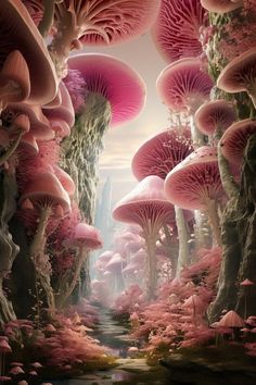 an image of a fantasy forest with pink mushrooms on the trees and stream running through it