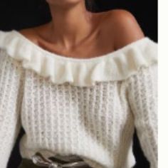 Never Worn New With Tags Ruffle Sweater Slightly Off Shoulder Boat Neck Sweater, Cream Knit Sweater, Ruffle Sweater, Ivory Sweater, Corduroy Trousers, Ruffled Neckline, Cold Shoulder Sweater, Off Shoulder Sweater, Boatneck Sweater