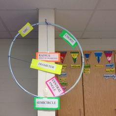 a circle hanging from the ceiling in front of a door that has signs on it