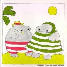 two hippos are dressed in striped clothing and standing next to each other under a palm tree