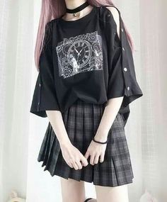 Estilo Harajuku, Harajuku Aesthetic, Rok Mini, Off Shoulder T Shirt, Shirts For Teens, Plaid Skirt, Harajuku Fashion, Edgy Outfits, Preppy Style