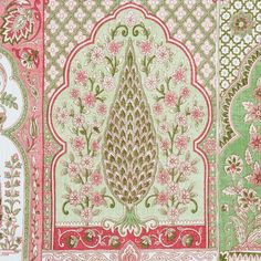 an intricately designed wallpaper with pink, green and white flowers on it's border