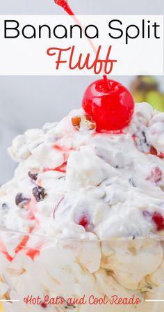 a banana split fluff dessert in a glass bowl with a cherries on top