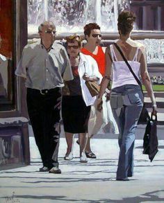 a painting of people walking down the street