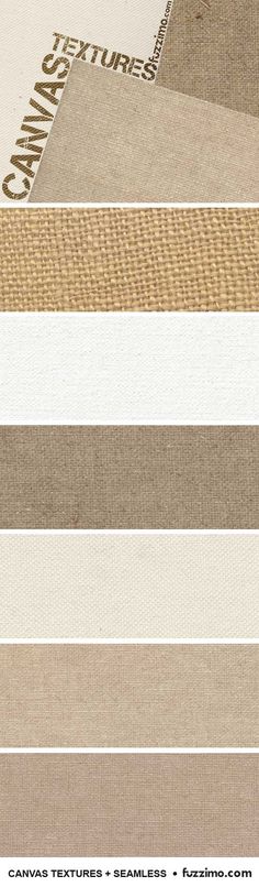 several different shades of fabric with the words canvas textures on them in white, brown, and beige