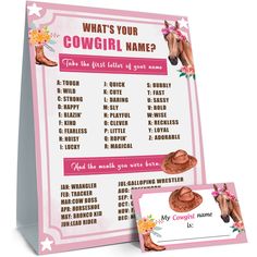 a cowgirl baby shower game is shown with its name on the front and back