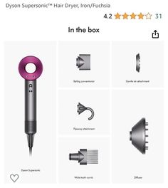 Dyson Supersonic Hair Dryer with Five Styling Attachments - Iron/Fuchsia. New Dyson Super Sonic Hair Dryer, Supersonic Hair Dryer, Dyson Supersonic, Hair Dryer, Best Deals, For Sale, Hair, Pink