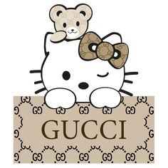 a hello kitty sitting on top of a gucci bag with a bow around its neck