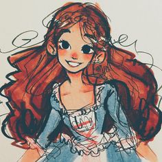 a drawing of a girl with long red hair wearing a blue dress and smiling at the camera