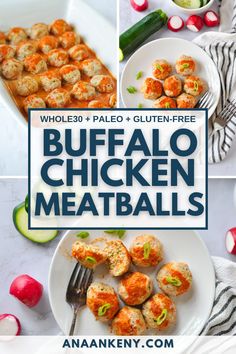 buffalo chicken meatballs on white plates with text overlay