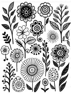 an assortment of flowers and leaves drawn in black ink on white paper with the words, flower