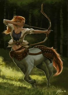 a painting of a woman riding on the back of a white horse holding a bow and arrow