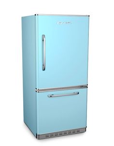 a blue refrigerator freezer sitting on top of a white floor next to a wall