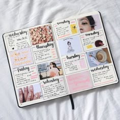 an open planner with pictures and words on it