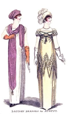 Walking & Evening Dresses, August 1808. 1836 Fashion, Pink Draping, Jane Austen Costume, Regency Accessories, Pink Turban, Orange Gloves, Walking Dress