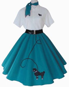 4 pc. Poodle Skirt Outfit includes: 1)   Poodle Skirt - Felt, 2.5" black elastic waistband, iron on poodle, sewn on rick rack leash       S (26"-32") L 25" ---  M (28"-34") L 25"  ---  L (32-36") L 25"      XL (34-40") L 25" ---  2X (36-46") L 27"  ---  3X (38"-50") L 27" 1)  Poodle Skirt - Felt, 2.5" elastic waist, iron on poodle, sewn on rick rack leash  2) White or Black Polo  - Available with an iron on poodle applique or initial ($2.50 extra)      **The black skirt with the pink poodle and leash will come with a white polo shirt and pink poodle/initial.  The pink polo is not available at this time** 3) Organza/Chiffon Scarf -  Available in black, black w/ white polka dots, candy pink, or red 4) Black Sequin Belt - 3" sequin elastic with silver buckle  Want to add a petticoat for a lit Sock Hop Outfits, 1950s Poodle Skirt, 50s Birthday, 50s Dance, Poodle Skirt Outfit, 50's Costume, Poodle Skirts, Rok Outfit, Skirt Diy