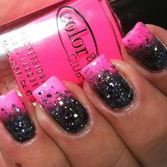 Pink Nails With Black Glitter, Pink And Black Dip Nail Ideas, Pink Black Glitter Nails, Black Pink Ombre Nails, Black And Pink Toe Nails, Pink Black Ombre Nails, Fun Bright Nail Designs, Pink And Black Ombre Nails, Las Vegas Nails Ideas Glitter