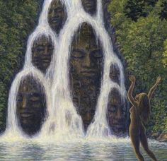 a painting of people standing in front of a waterfall with their hands up to the water