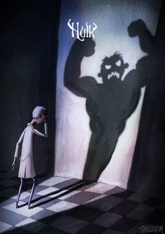 a person standing in front of a wall with a shadow of a demon on it