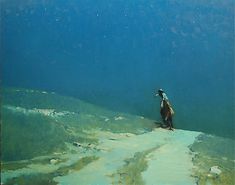 an oil painting of a man riding a horse on a path in the ocean water