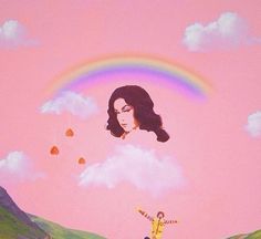 a painting of a woman flying through the air with a rainbow in the sky behind her