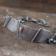 "Unisex silver and 14ct gold bracelet. Dimensions: -main element 1.4 - 7 cm, 0.55 - 2.76\" -length - please write me your wrist circuit" Silver Brutalist Bracelets As Gift, Unique Metal Bracelet With Silver Chain, Silver And Gold Bracelet, Oxidized Silver Bracelet, Gold Arm Band, Urban Jewelry, Oxidized Silver Rings, Aquamarine Bracelet, Gold Armband