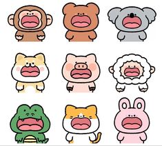 cartoon animals with different facial expressions on their faces and body parts, including an animal face