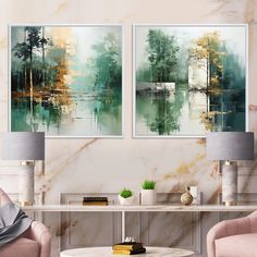 two paintings hang on the wall above a coffee table in a living room with pink chairs