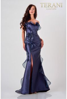 Terani Couture 2111E4743 Elegant Navy Evening Dress WithFrills Sleek Gown, Navy Evening Dress, Navy Evening Dresses, Couture Evening Dress, Mermaid Evening Gown, Prom Dress Stores, Terani Couture, Floor Length Gown, Mermaid Skirt