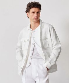 Irish Linen Field Jacket in White Sweatshorts Shorts, Polo Coat, Linen Suits, Tuxedo Dress, Linen Tshirts, Sneaker Dress Shoes, Irish Linen, Linen Shop, Military Style